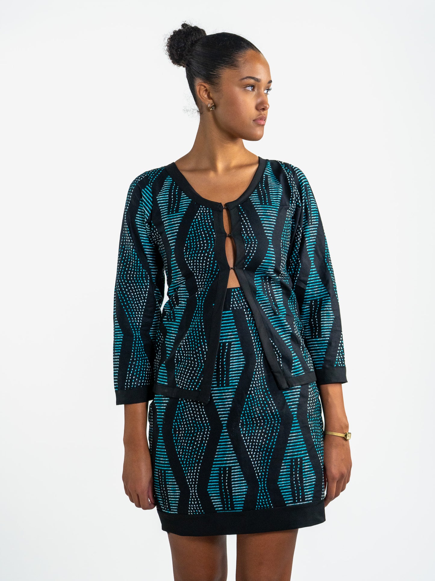 Jupe Taly – Coton imprimé noir et turquoise