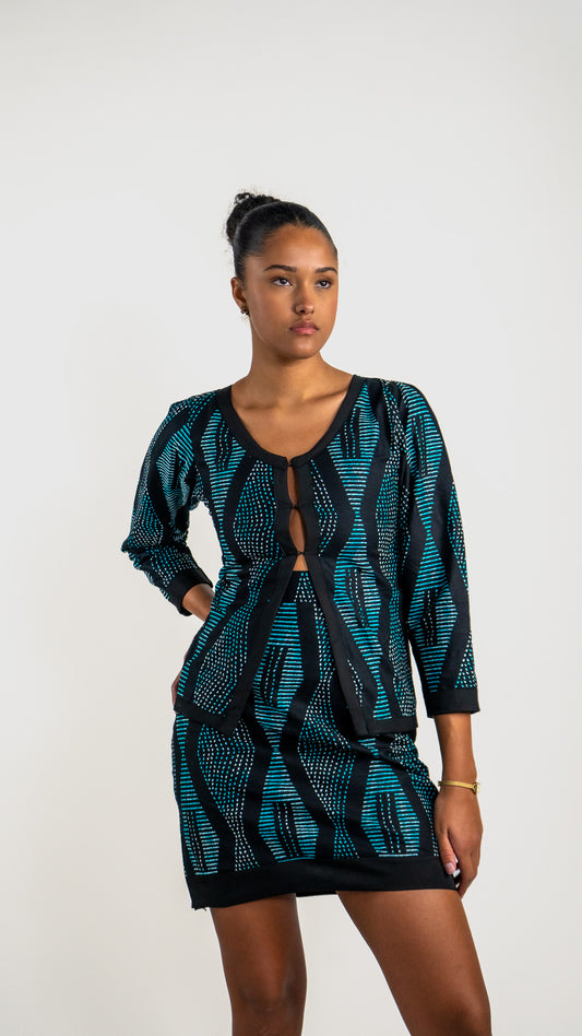 Haut Taly – Coton imprimé noir et turquoise