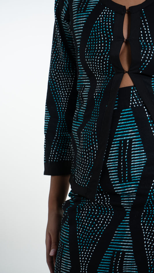 Jupe Taly – Coton imprimé noir et turquoise